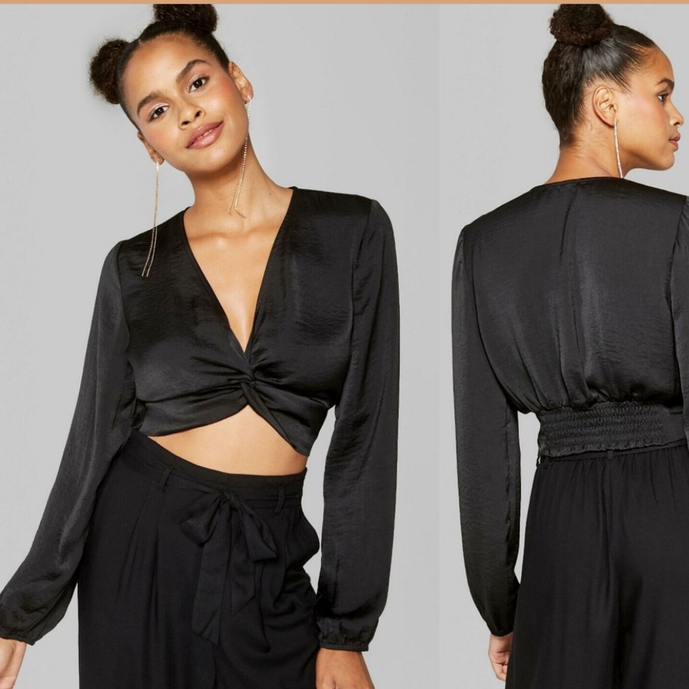 Wild Fable Satin Soft Black Women's Crop Twist Front Long Sleeve Black Small Top